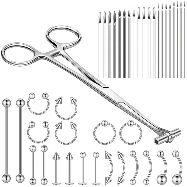 

navel bell button rings 41pcs body piercing tool kit include septum forceps clamp pliers 20 pcs 316l stainless steel piercing needles and 20, Silver