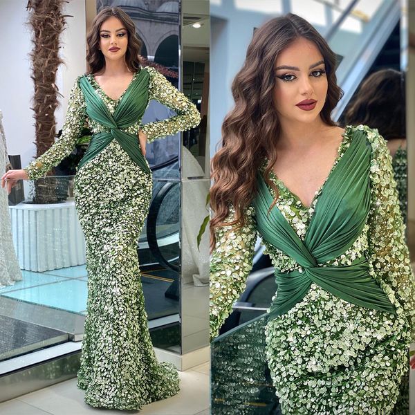 

gorgeous green sequined mermaid evening dresses v neck long sleeve beaded ruched women party pageant prom gowns, Black