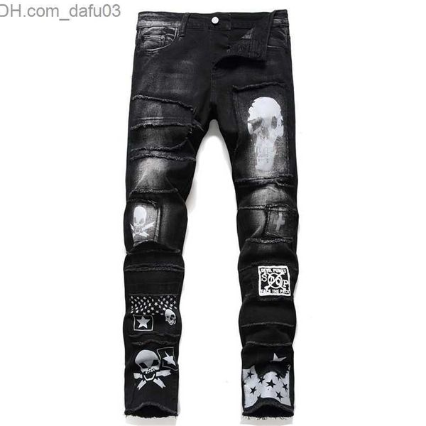 

men's jeans mens jeans mens pants streetwear fashion trousers skull black denim biker male casual designer ripped comfortable 220831 z2, Blue