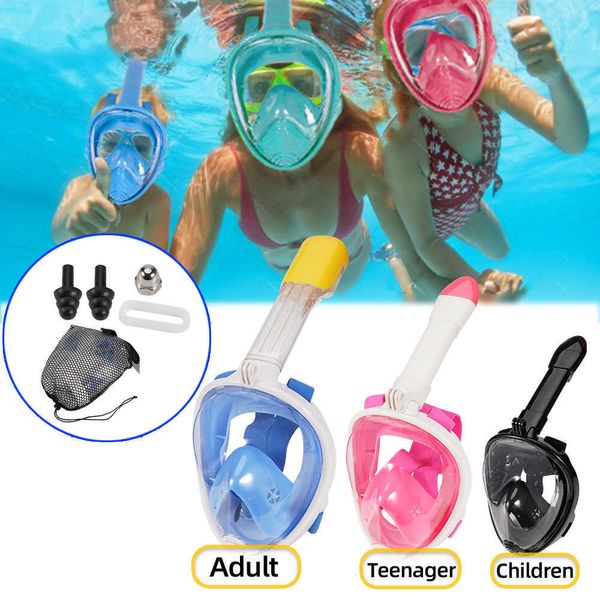 

children full face snorkel swimming mask diving anti-fog scuba gear set underwater goggles breathing system for kids adult, Blue
