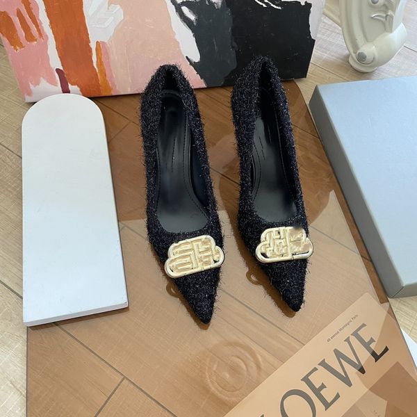 

luxury designer sandals metal b buckle high heel shoes brand square knife pointed toe thin heels baotou sandal glitter lady office & career, Black