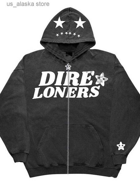 

men's hoodies sweatshirts retro goth printingd zip up sweatshirt harajuku hoodies grunge hoodies y2k korean style loose letter print lo, Black