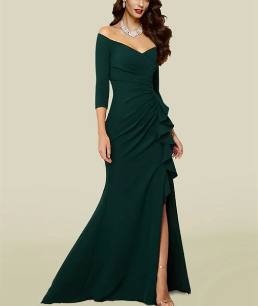 

elegant mermaid long crepe mother of the bride dresses v-neck sweep train godmother dresses formal party gown pleats la madre del vestido de, Black;red