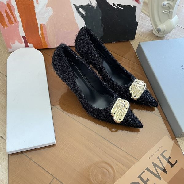 

designer women high heel shoe high heels square knife pumps sequined b buckle baotou shallow mouth slip-on pointed toe lady office & career, Black
