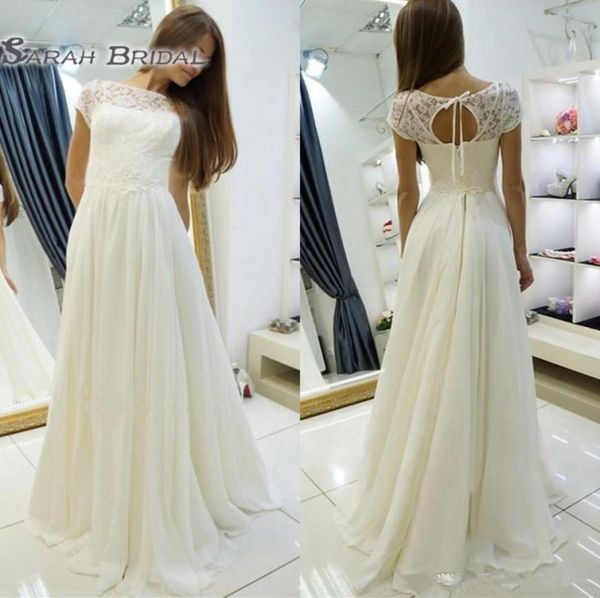 

lace chiffon aline beach boho wedding dresses cap sleeves bridal gowns corset back simple summer beach informal wedding dresses5631844, Black
