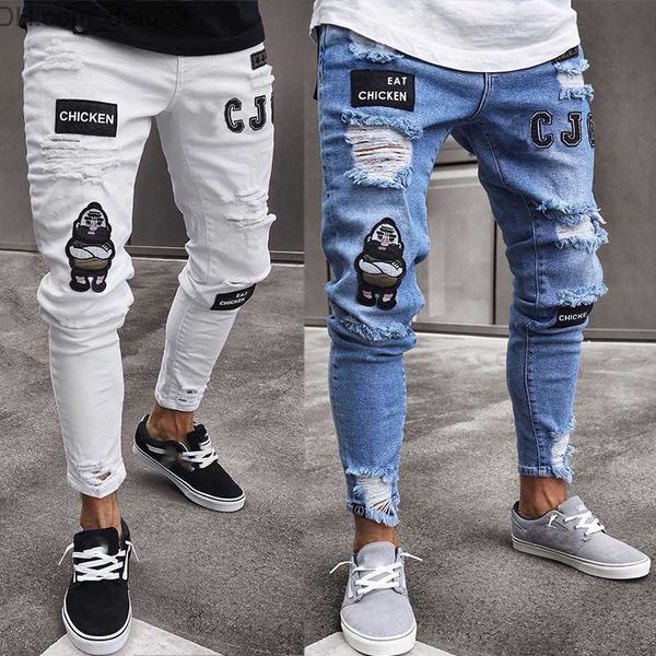 

men's jeans men stretchy ripped jeans skinny biker embroidery print destroyed hole taped slim fit denim scratched jean jeans mens pants, Blue