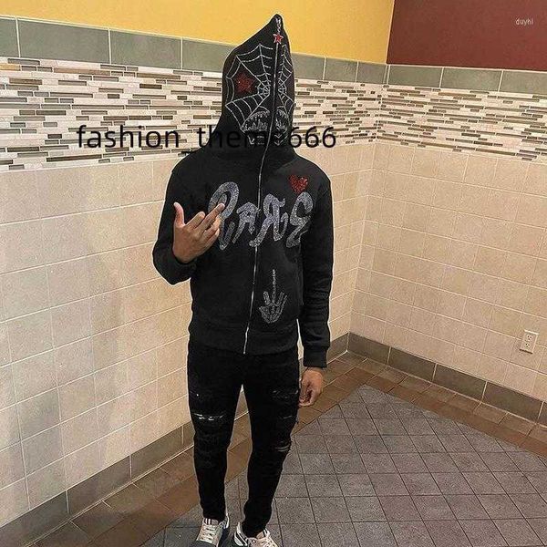 

men's hoodies y2k full zip up hoodie men autumn winter gothic rhinestones web sweatshirt hip hop grunge skeleton oversized jacket, Black
