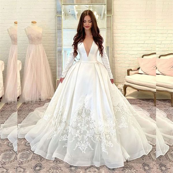 

simple soft satin castle wedding dress with long sleeve lace v neck bridal gown organza wedding dresses for bride, White