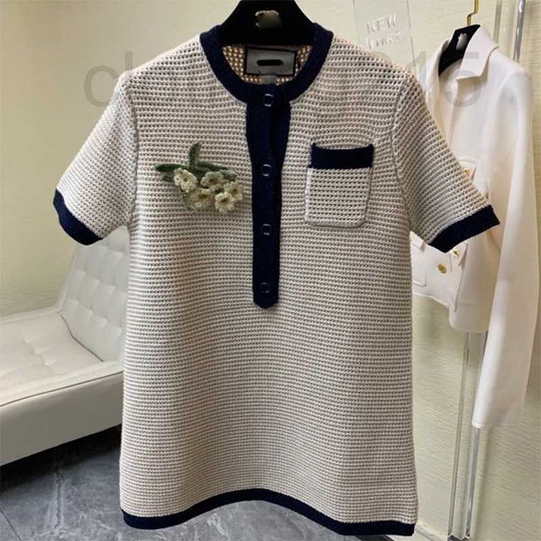

women's knits & tees designer spring and autumn method round neck color contrast edge knitting flower pin short sleeve loose dress g7bz, White