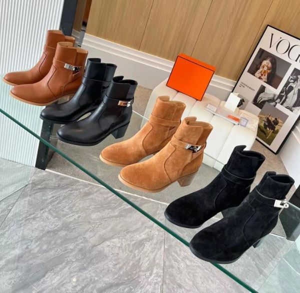 

kellv buckle knight boots luxury designer women classic ankle boot 2023 autumn winter fashion leather thick with high boots size 35-42, Black