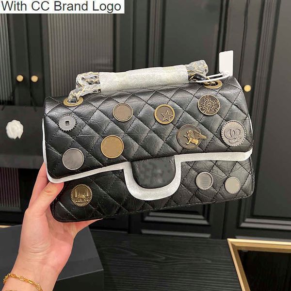 

cc cross body soft pleated lambskin vintage coin badge bags aged hardware chain double flap bag purses quilted diamond designer tote luxury, Black