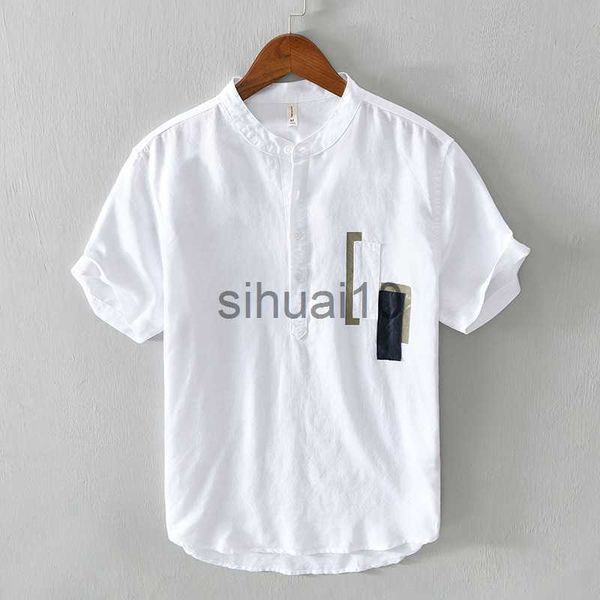 

men's t-shirts new brand linen t shirt men summer solid short sleeve stand neck tee breathable linen cotton soft shirt size m-xxxl j23, White;black
