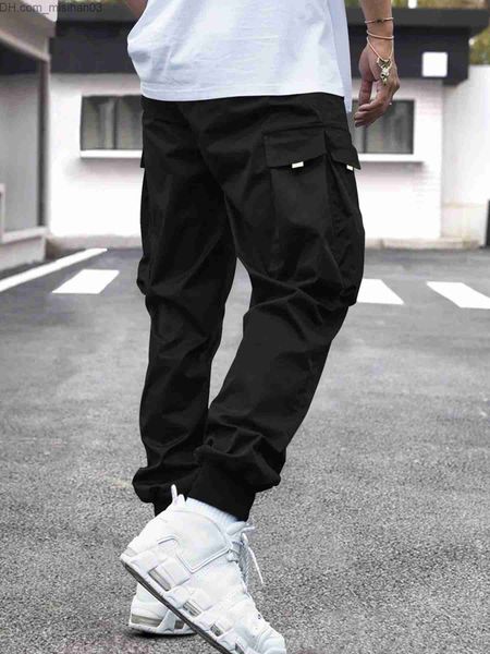 

men's pants men's flap pocket side pull waist cargo pants z230801, Black
