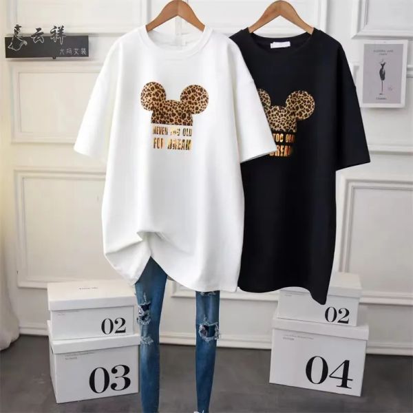 

t-shirt large, fat, loose, high temperature pressed letter pattern short sleeve t-shirt women's medium to long pure cotton thickened ha, Black