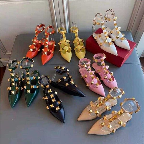 

designer women's sandals studs slippers high heels big rivets party shoes women leather spring summer ladies t-strap sandal with box, Black