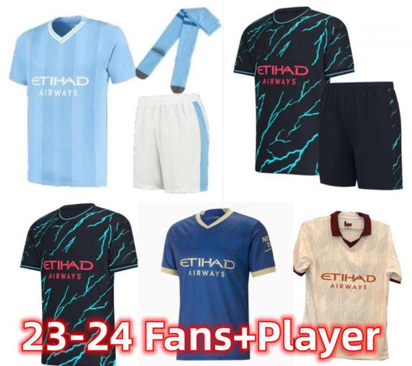 

23/24fans version haaland soccer jerseys de bruyne mans cities grealish mahrez foden ferran 2023 2024 football shirt uniforms men kids kit r, Black;yellow