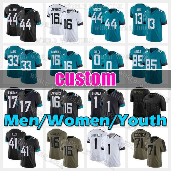 

16 trevor lawrence 44 travon walker football jersey jacksonvilles 0 ridley 41 josh allen 1 travis etienne jr devin lloyd jaguars jamal agnew, Black;red