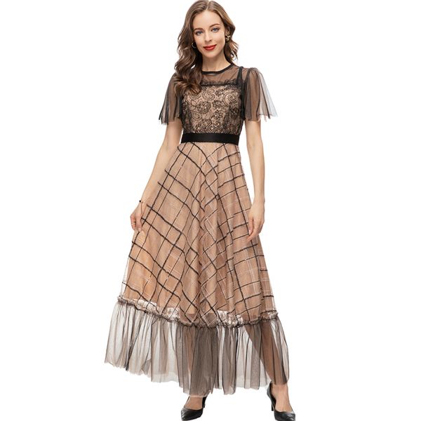 

women's runway dresses o neck short sleeves embroidery patchwork ruffles fashion party prom gown, Black