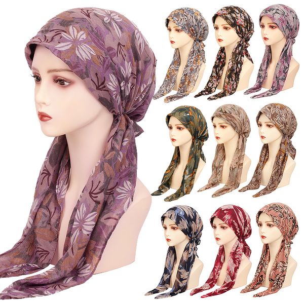 

wide brim hats bucket geebro womens muslim hijab leaves flower print hat turban cap cover scarf wrap pretied headwear stretch bandana 230801, Blue;gray