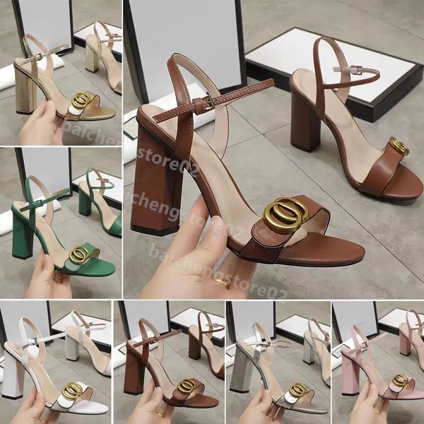 

2023 high heels women's sandals new thick heels 7cm everything match one word buckle women's shoes open toe sandals bronze buckle, Black
