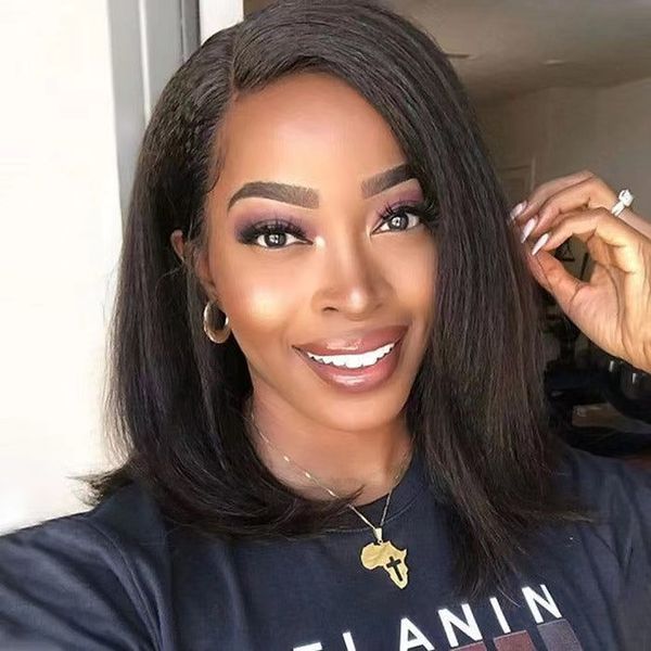 

wear and go 5x5 closure wig hd lace natural 4c textured hairline kinky straight bob lace front wig, Black;brown