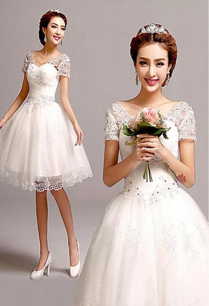 

ivory kneelength vneck ball gown tulle short sleeves princess custom made beach wedding dress applique beadings short dresses5645017, White