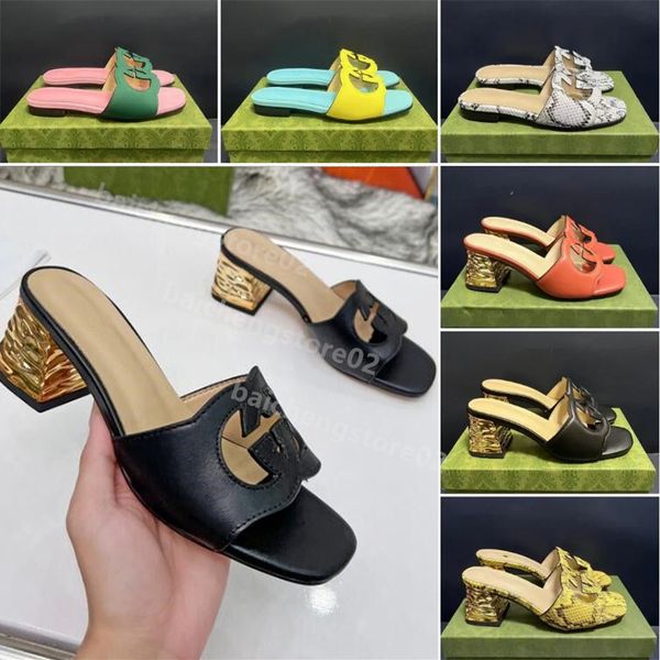 

women's interlocking g slippers cut-out slide sandal sandals chunky 5cm heel rubber platform alphabet lady mid block heels slipper brig, Black