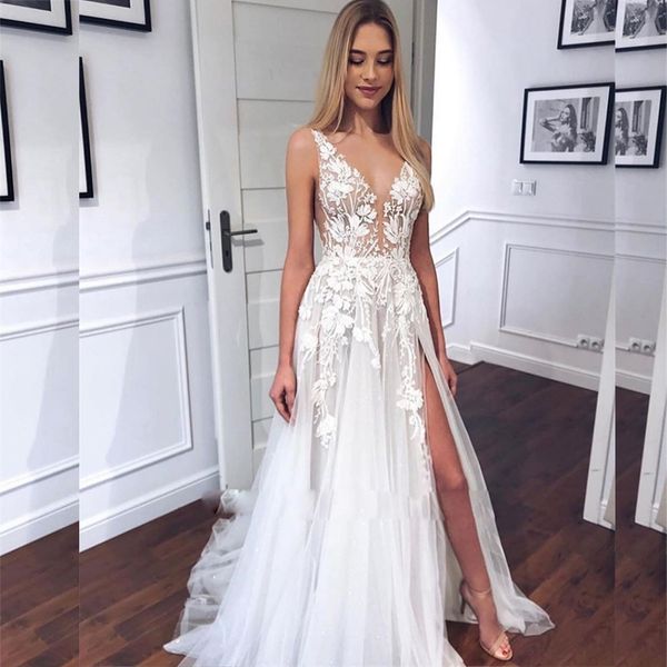 

deep v neckline petite lace wedding dress illusion bodice bridal gown high open cut split wedding dresses for bride, White