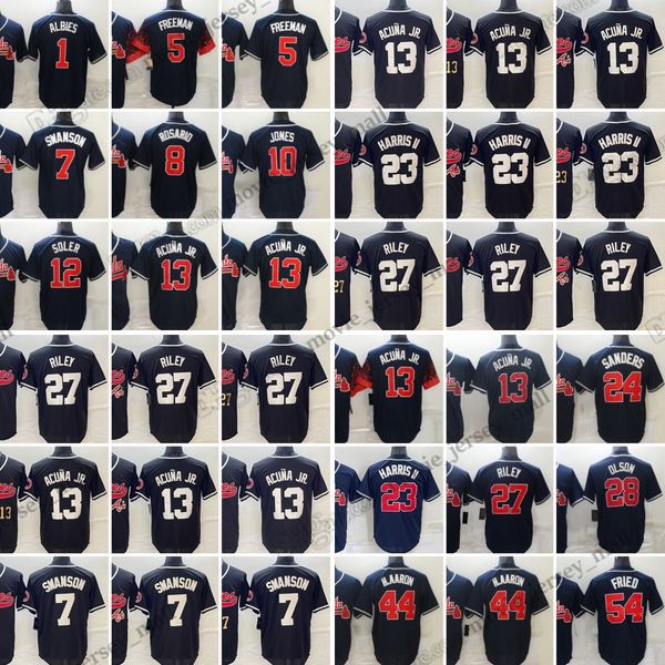 

27 austin riley baseball jerseys ronald acuna jr. dansby william contreras michael harris ii max fried hank aaron eddie rosario stitched jer, Blue;black