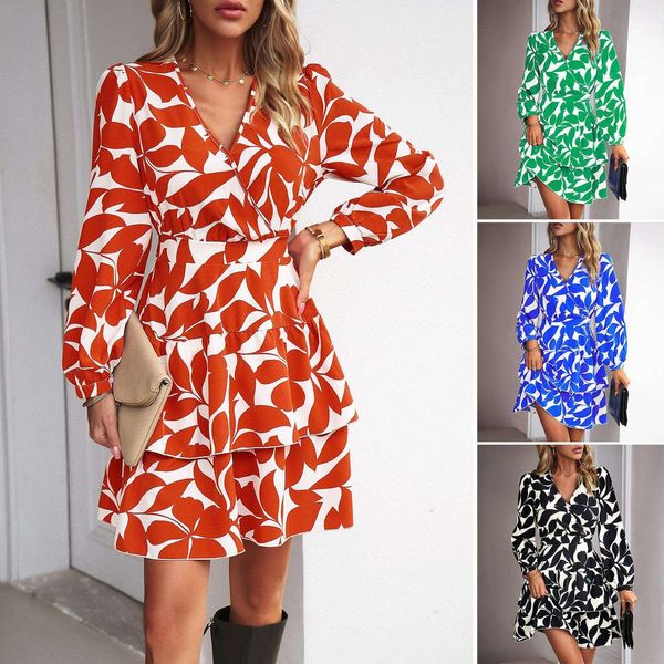 

diyun womens clothing autumn winter casual print v neck dress, Black;gray