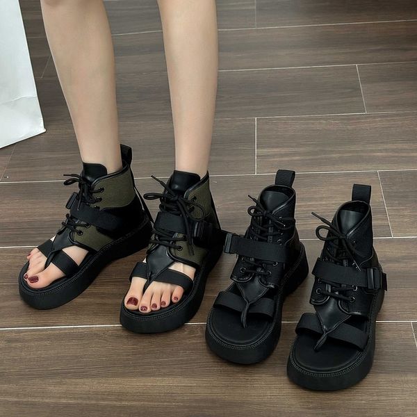 

2023 summer women sandals new roman clip toe ankle boots sandals designer fashion platform womens lace-up shoes beach flip flops, Black