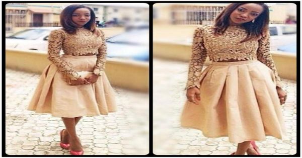 

gold two pieces prom dresses lace long sleeves and satin skirts evening gown tea length black girl formal party dress 054163