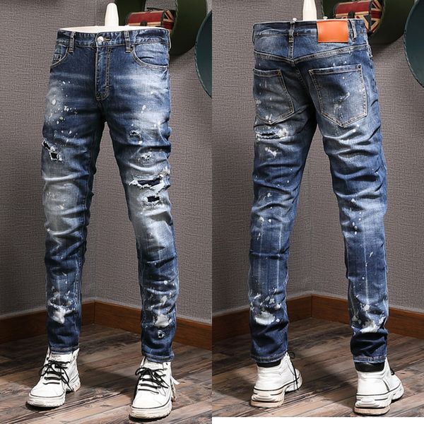 

patches effect jeans man high street wear denim pants slim fit, Blue