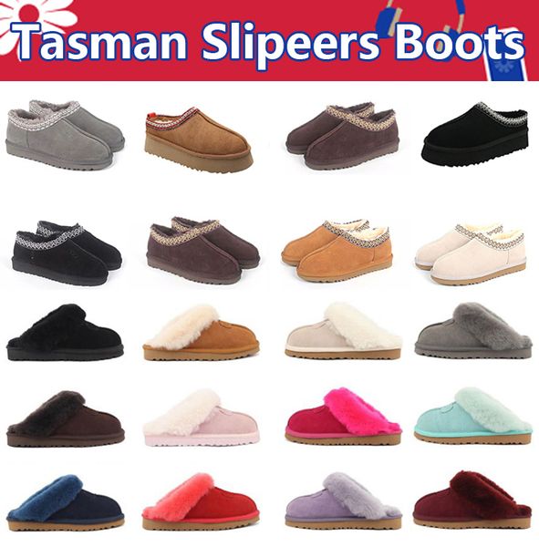 

boots designer tasman slippers chestnut fur slides sheepskin shearling tazz mules women men ultra mini platform slip-on shoes suede upper co, Black