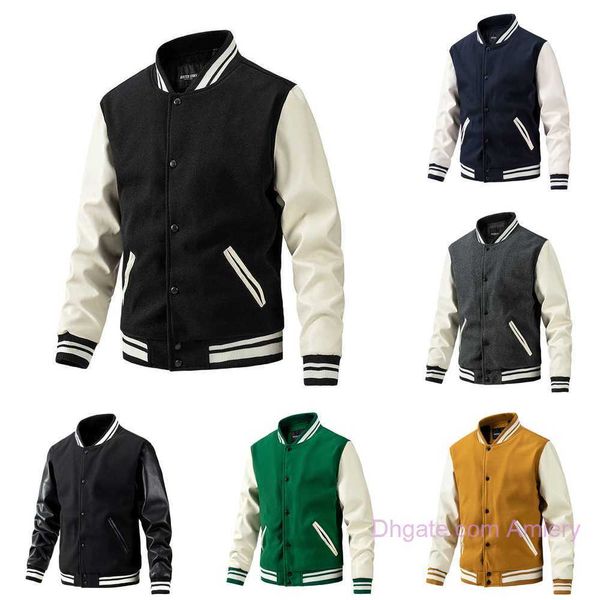 

men's spring autumn jacket new baseball collar coat color matching varsity jackets outer single clip cotton windbreaker men, Black;brown