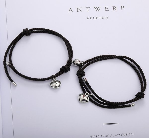 

lucky rope couple bracelet red black rope knot braided magnetic buckle heart charm bracelets friendship jewelry2013449, Golden;silver