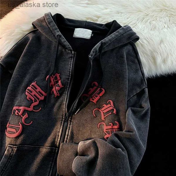 

men's hoodies sweatshirts hip hop gothic washed black zip-up hoodie vintage men's streetwear gothic letters print oversized jacket
