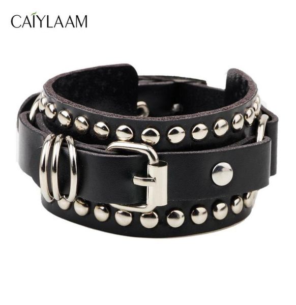 

charm bracelets caiylaam punk style rivet leather for women rock jewelry black and white men hip hop couple4812436, Golden;silver