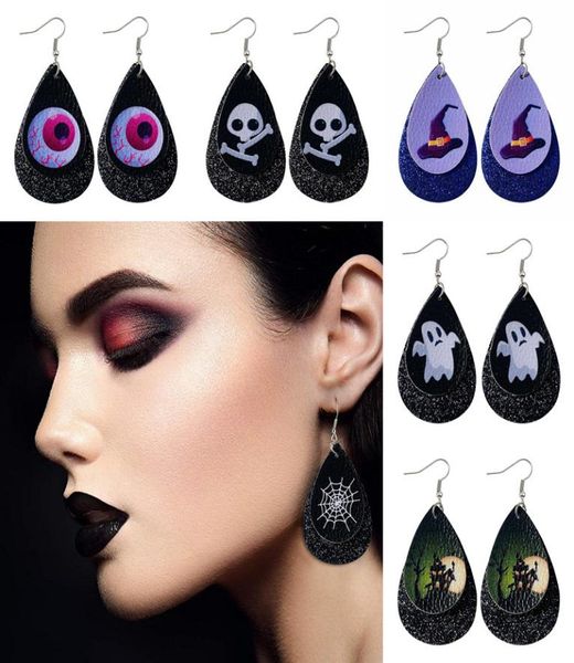 

halloween earring skull water droplet shaped double layer pu leather sequin pumpkin spidernet ghost for women cool earrings jewelr1250670, Red;brown