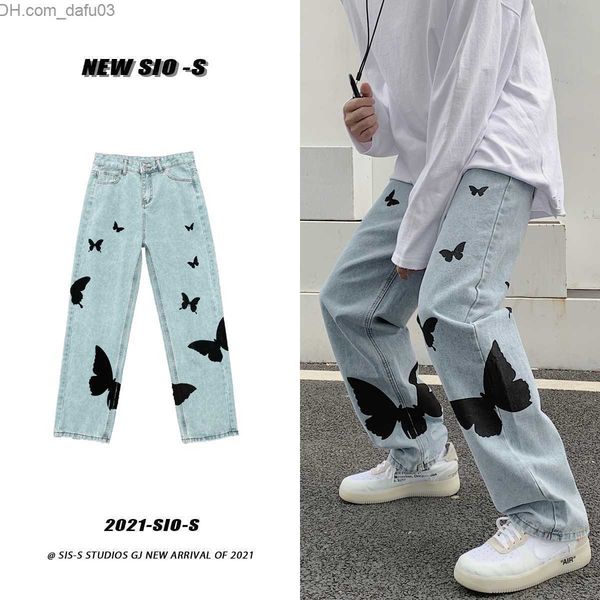

men's jeans men's jeans 2022 butterfly print jeans men pants loose baggy jeans casual denim pants streetwear straight fashion trou, Blue