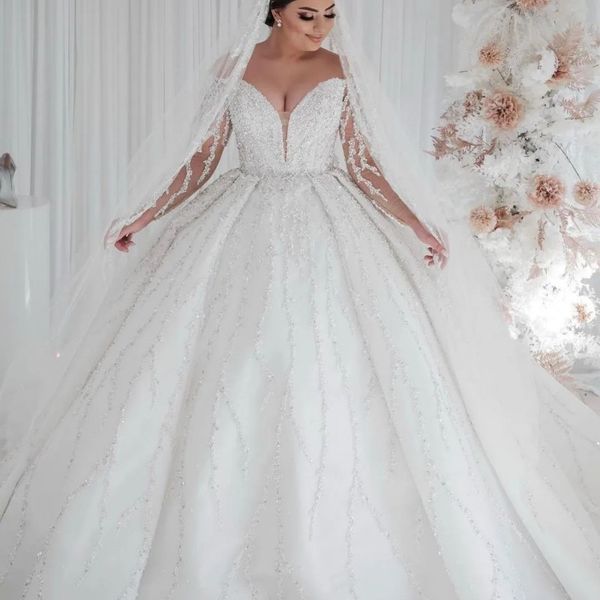 

white ball gown luxury wedding dresses sweetheart off the shoulder long sleeve vestido de novia lace sequined bride dress