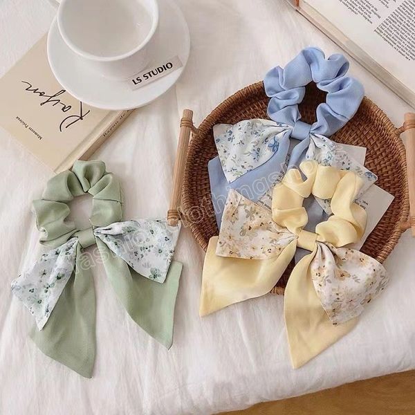 

korean floral large intestine hair bands women satin floral stitching pearl elastic scrunchie fashion bow hair accessories, Slivery;white