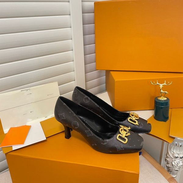 

rotary high heels sandals lacquered cow leather dress shoes heavy metal chain square head quality and comfort women slipper 03, Black