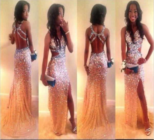 

sparking crystals champagne prom dresses spaghetti straps sweetheart criss cross open back side split party pageant dress eve4523437, Black