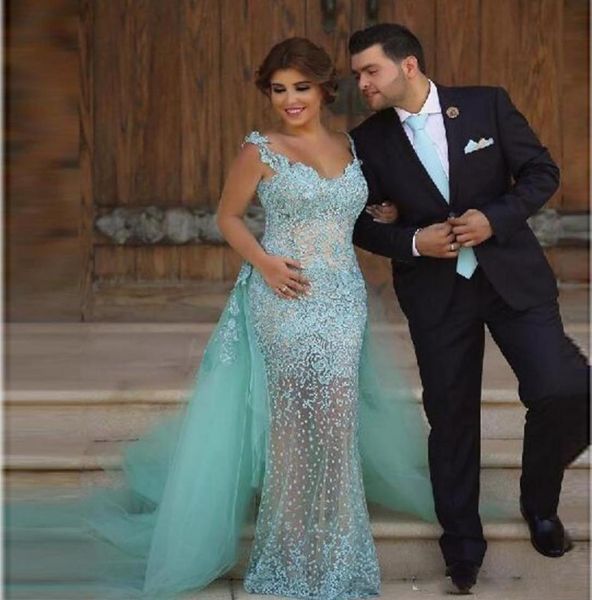 

see through mermaid evening dresses with detachable skirt scoop neckline formal party gowns lace appliques beads tulle prom dress 3366682, Black