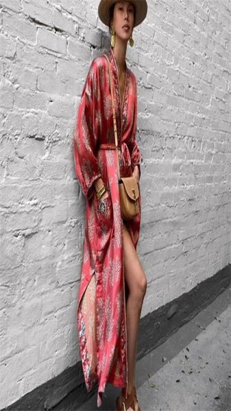 

teelynn satin red floral print boho beach robe long sleeve kimono dresses women bikini cover up vintage side split vestidos 2205167862046, White;black