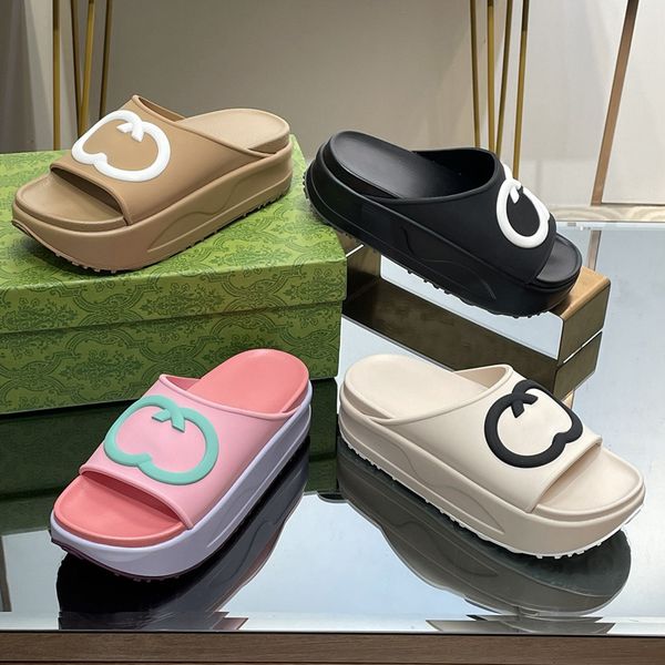 

embossed interlocking slides slipper macaron thick bottom sandals flip flops pool platform mule chunky rubber slide women summer beach slide, Black