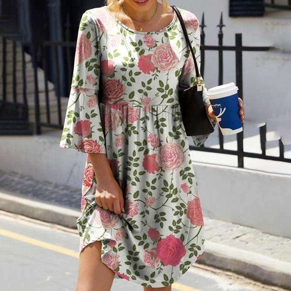 

spring and autumn elegant commuter round collar print quarter sleeves large sized dress for women, Black;gray