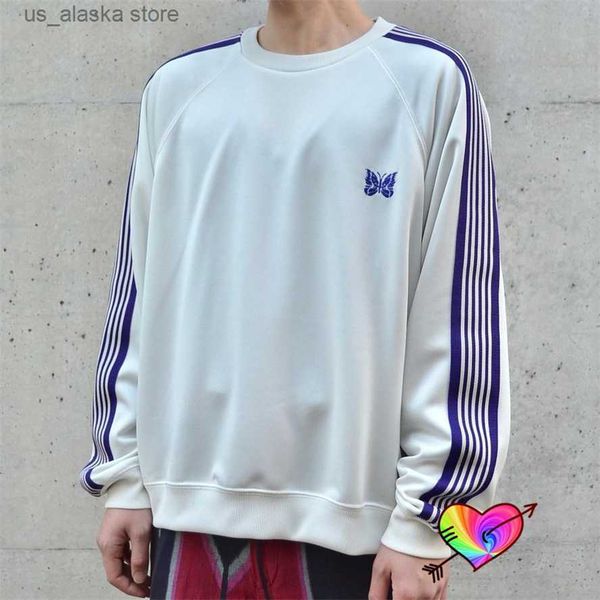 

men's hoodies sweatshirts 2023 white needles track crewneck men women poly smooth needles sweatshirt blue knit stripe butterfly long sl, Black