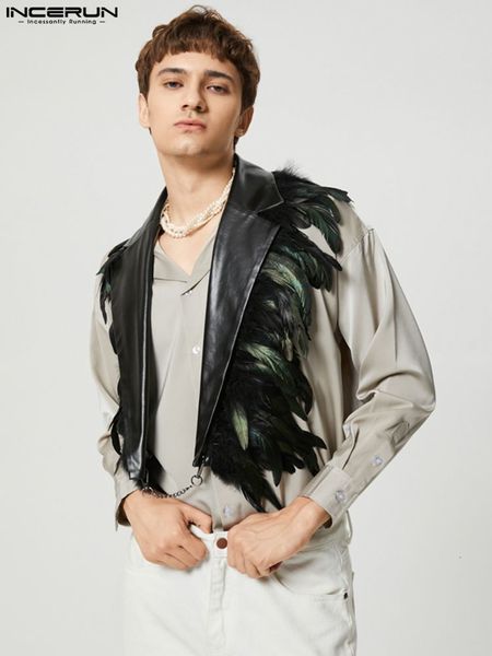 

men's vests incerun men vests feather pu leather patchwork fashion backless irregular waistcoats men streetwear lapel sleeveless vests, Black;white